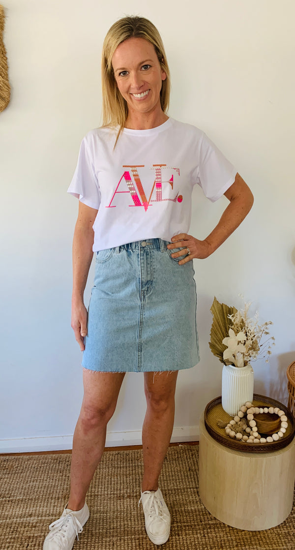 Ave. tee- pink, orange and white